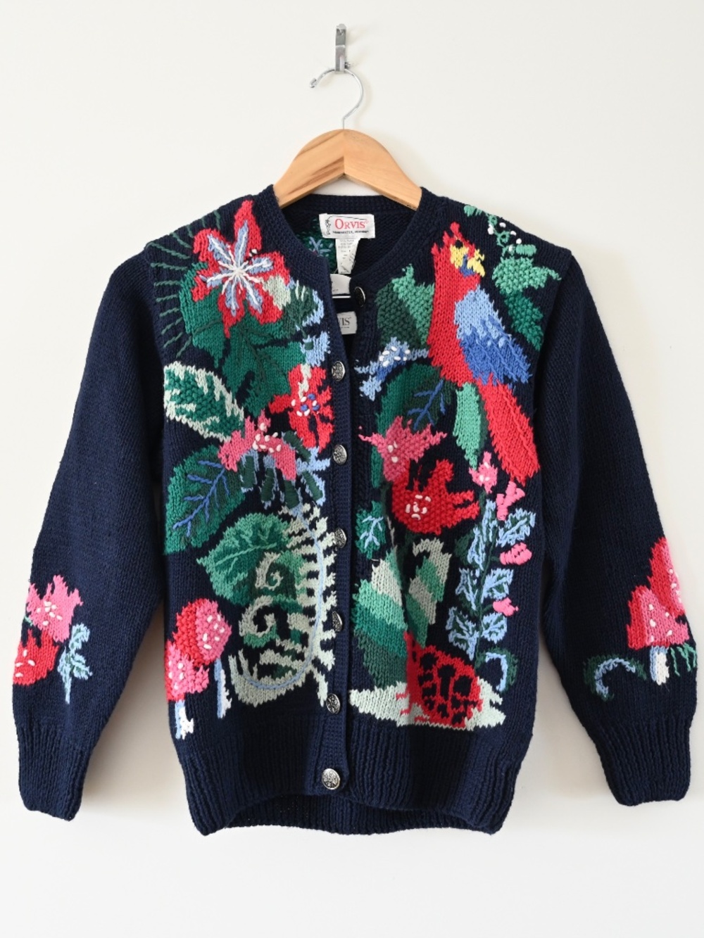 1990s Orvis Tropical Floral Cardigan w/ Silver Snowflake Buttons Size M